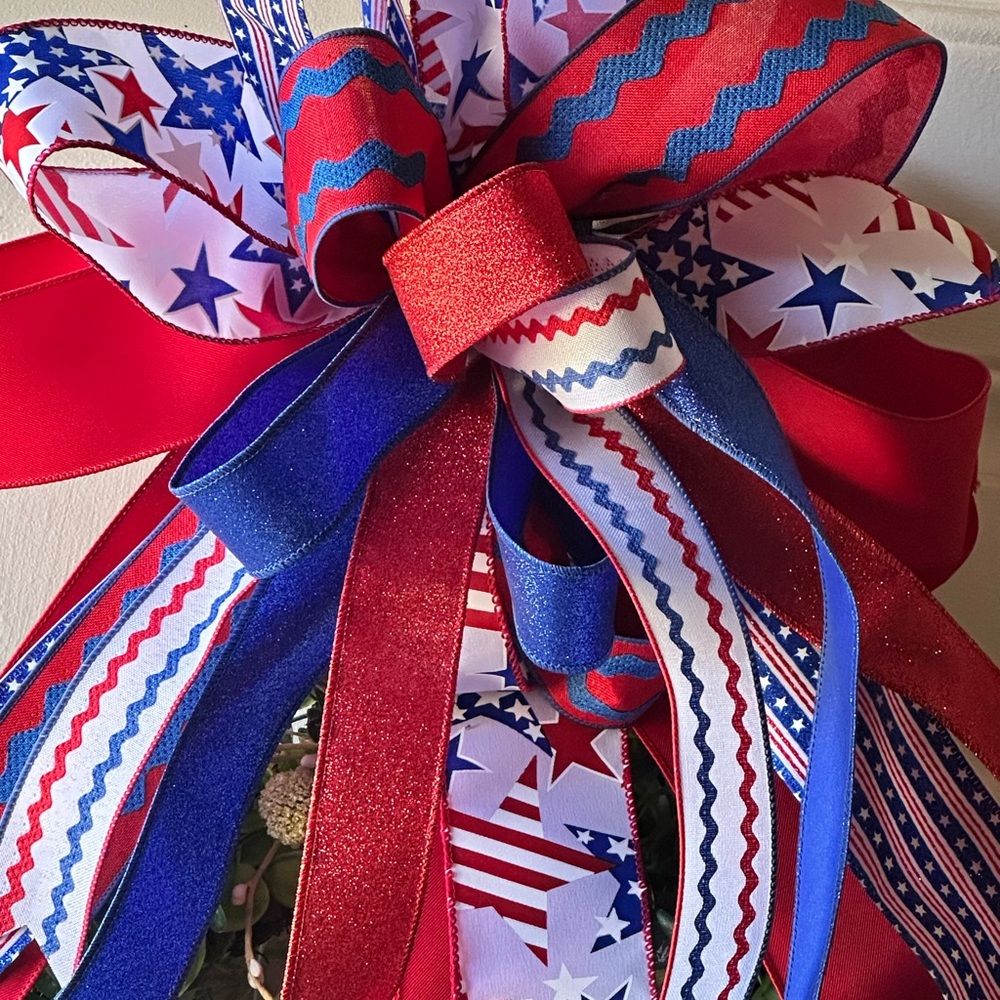 Patriotic Ric Rac Red, White, and Blue Holiday Bow; Custom Handmade Bow